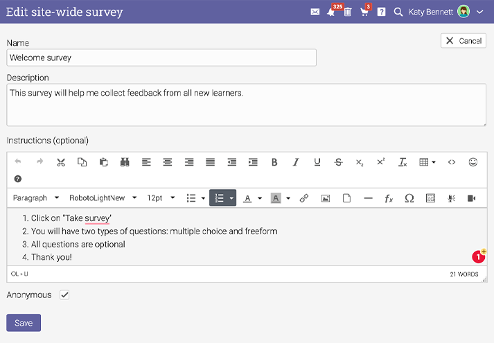 How to effectively collect learner feedback with site-wide LMS surveys_2. Choose to make it anonymous (or not)