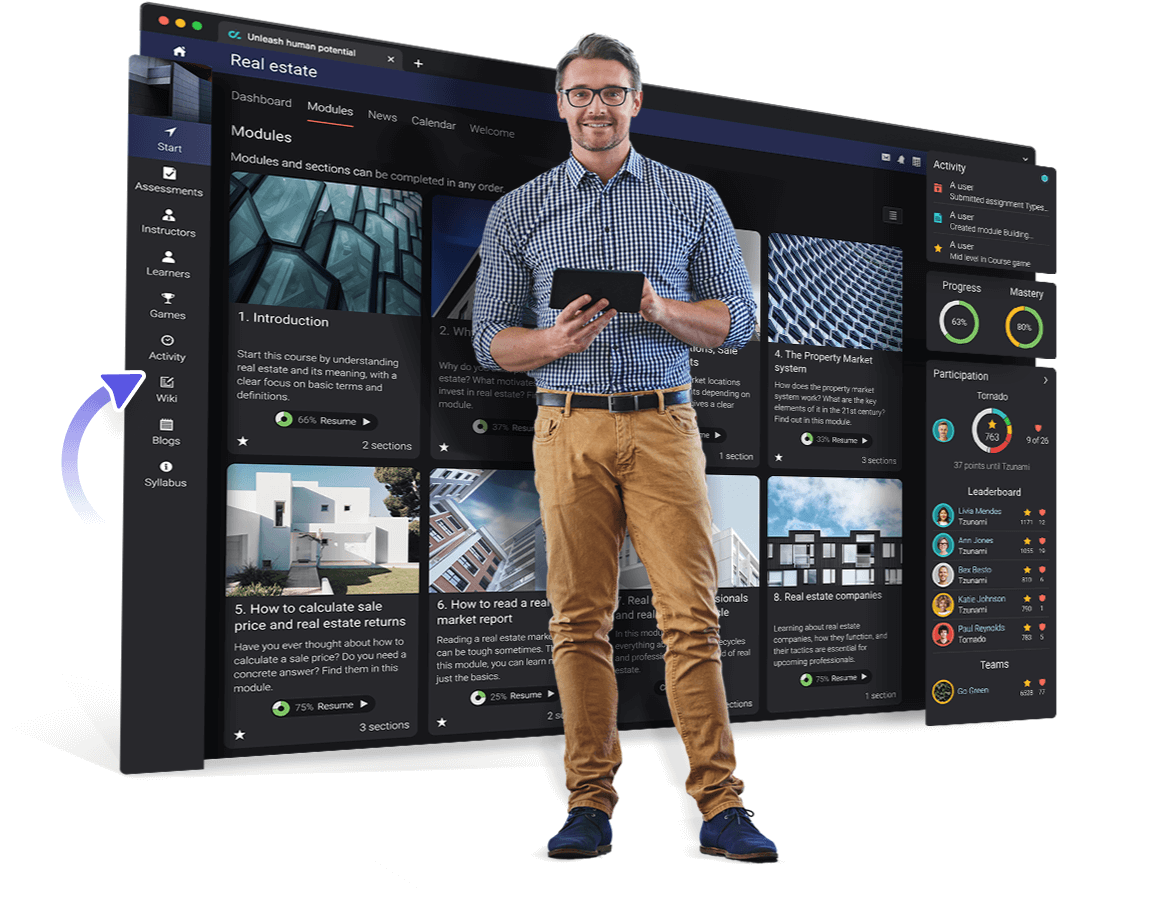 Man smiling holding a device and standing in front of a life-sized view of the CYPHER learning platform UI.