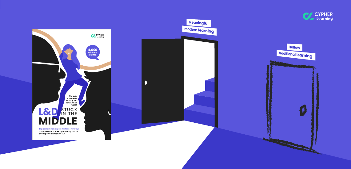 The cover of the L&D Survey report and two doors, one with Meaningful modern training above the door and the other with Hollow traditional training showing above the door